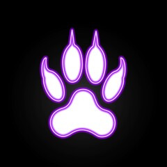 Paw print neon sign, modern glowing banner design, colorful modern design trends. Vector illustration.