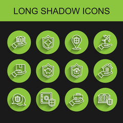 Set line Location shield, Safe with, House in hand, Hand holding briefcase, Piggy bank, and icon. Vector