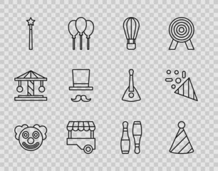 Set line Clown head, Party hat, Hot air balloon, Fast street food cart, Magic wand, Magician, Bowling pin and Festive confetti icon. Vector