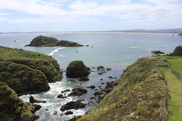 Fototapeta na wymiar Pacific coast ocean view of Punihuil beach on Chiloe Island, Chile.