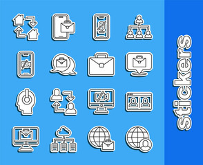 Set line Freelancer, Video chat conference, Online working, Mute microphone mobile, camera Off, and Briefcase icon. Vector