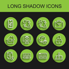 Set line Time management, Video chat conference, Mute microphone mobile, Hierarchy organogram chart, Online working, Freelancer and icon. Vector