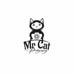 MR cat mascot type black color photography logo, cat camera symbol, negative space wildlife camera logo design, cat photography icon, modern wild photography