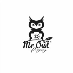 Creative modern character Mr owl photography logo, Owl mascot type black color symbol, cute owl camera logo, negative space owl photography icon, wildlife photography logo design template