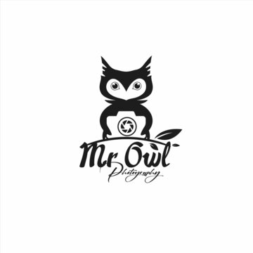 Creative modern character Mr owl photography logo, Owl mascot type black color symbol, cute owl camera logo, negative space owl photography icon, wildlife photography logo design template