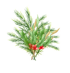 Watercolor Christmas bouque with green winter leaves, branches, berries, eucalyptus. Winter illustration for wedding, business card, promotions