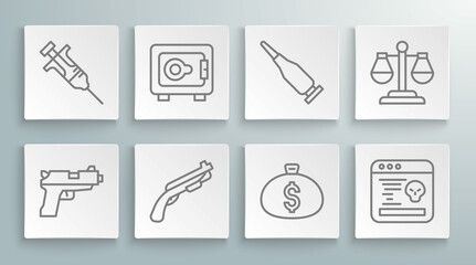 Set line Pistol or gun, Safe, Police shotgun, Money bag, System bug, Bullet, Scales of justice and Syringe icon. Vector