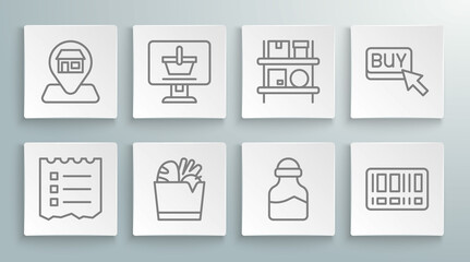 Set line Shopping list, cart on computer, bag and food, Spice can, Barcode, Warehouse interior with boxes, Buy button and Location Market store icon. Vector