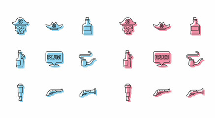 Set line Spyglass telescope lens, Vintage pistol, Pirate captain, Alcohol drink Rum, Smoking pipe, and hat icon. Vector