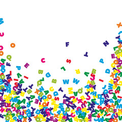 Falling letters of English language. Colorful flying words of Latin alphabet. Foreign languages study concept. Dazzling back to school banner on white background.