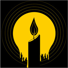 Burning candle on the background of melting wax. Vector stylized element in flat style.