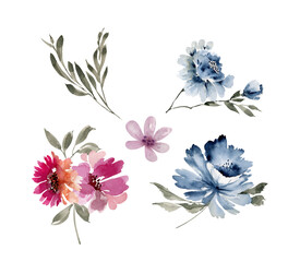 set of delicate watercolor purple and pink flowers, hand painted