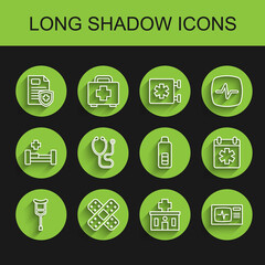 Set line Crutch or crutches, Crossed bandage plaster, Patient record, Hospital building, Monitor with cardiogram, Stethoscope, Doctor appointment and Digital thermometer icon. Vector