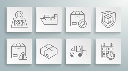 Set line Delivery security with shield, Cargo ship boxes delivery, Carton cardboard, Forklift truck, Cardboard calendar, and Weight icon. Vector