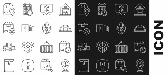 Set line Location with cardboard box, Cardboard clock, Warehouse, Container, Carton, and Unboxing icon. Vector