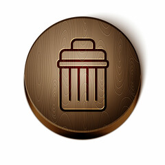 Brown line Trash can icon isolated on white background. Garbage bin sign. Recycle basket icon. Office trash icon. Wooden circle button. Vector Illustration