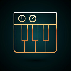 Gold line Music synthesizer icon isolated on dark blue background. Electronic piano. Vector
