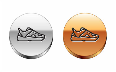 Black line Fitness sneakers shoes for training, running icon isolated on white background. Sport shoes. Silver-gold circle button. Vector
