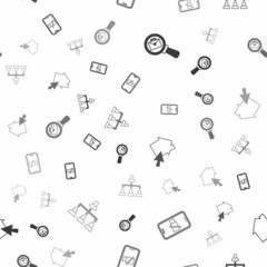 Set Magnifying glass with briefcase, Video camera Off on mobile, Online working and Hierarchy organogram chart on seamless pattern. Vector