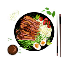 Teriyaki meat steak rice bowl with a branch of tomatoes, egg and asparagus, top view, hand drawing in realistic cartoon style, isolated on white background.Asian food.Vector illustration 