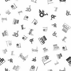 Set Electric wheelchair, IV bag, Medical hospital building and Patient with broken leg on seamless pattern. Vector