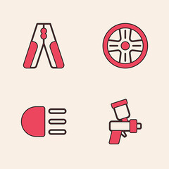 Set Paint spray gun, Car battery jumper power cable, Alloy wheel and High beam icon. Vector