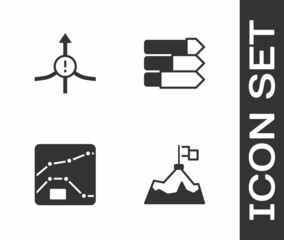 Set Mountains with flag, Arrow, Graph, chart, diagram and Pie infographic icon. Vector