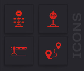 Set Route location, Road barrier, Fork in the road and Parking car icon. Vector