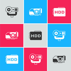 Set Web camera, Video graphic card and Hard disk drive HDD icon. Vector