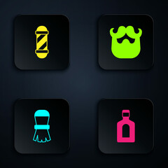 Set Bottle of shampoo, Classic Barber shop pole, Shaving brush and Mustache and beard. Black square button. Vector
