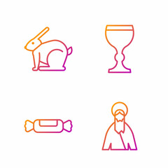 Set line Jesus Christ, Candy, Easter rabbit and Wine glass. Gradient color icons. Vector