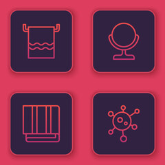 Set line Towel on a hanger, stack, Round makeup mirror and Virus. Blue square button. Vector