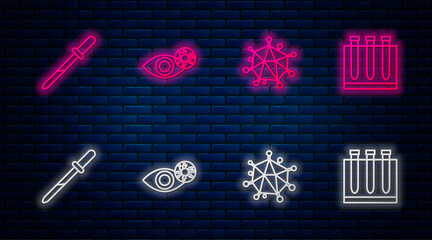 Set line Reddish eye due to virus, Virus, Pipette and Blood test and. Glowing neon icon on brick wall. Vector