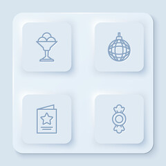 Set line Ice cream in bowl, Disco ball, Greeting card and Candy. White square button. Vector