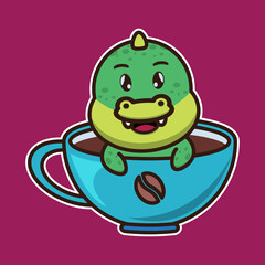 Cute crocodile 
in a coffee cup. Cute animal cartoon illustration.