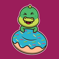 Cute crocodile 
on top of a big donut. Cute animal cartoon illustration.