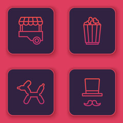 Set line Fast street food cart, Balloon dog, Popcorn in box and Magician. Blue square button. Vector
