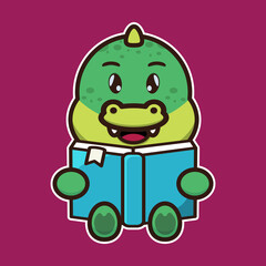 Cute crocodile read a book. Cute animal cartoon illustration.