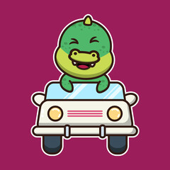 Cute crocodile 
driving a car. Cute animal cartoon illustration.