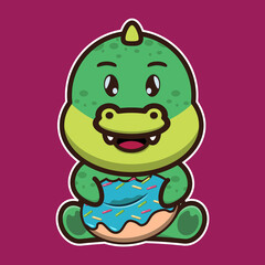 Cute crocodile 
eat donuts. Cute animal cartoon illustration.