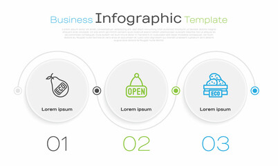 Set line Healthy organic pear, Hanging sign with Open and Wooden box for fruits. Business infographic template. Vector