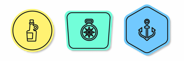 Set line Alcohol drink Rum, Compass and Anchor. Colored shapes. Vector