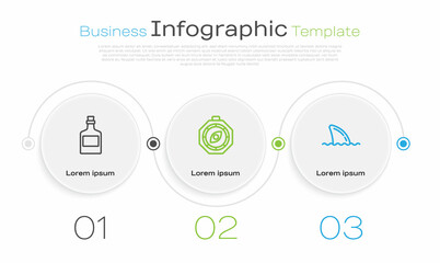 Set line Alcohol drink Rum, Compass and Shark fin ocean wave. Business infographic template. Vector