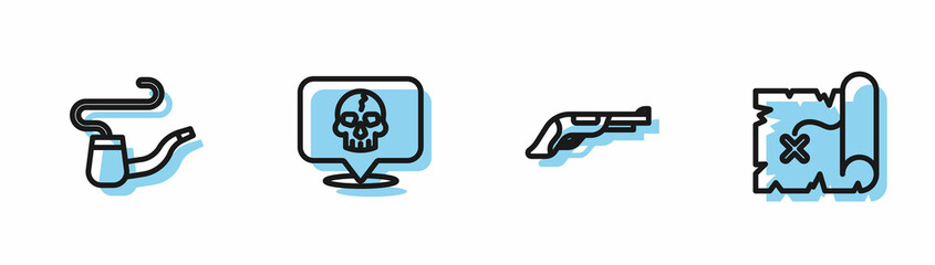 Set line Vintage pistol, Smoking pipe, Skull and Pirate treasure map icon. Vector