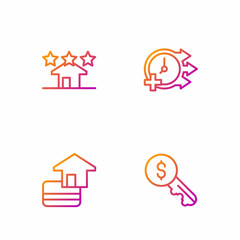 Set line Rent key, Credit card, Real estate and Clock. Gradient color icons. Vector