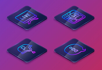 Set Isometric line Live report, War journalist, News and Information. Blue square button. Vector