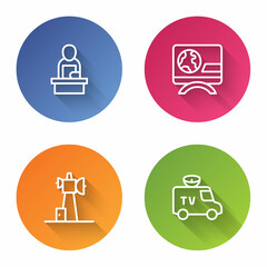 Set line Breaking news, Antenna and TV News car. Color circle button. Vector