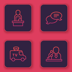 Set line Breaking news, TV News car, Speech bubble chat and . Blue square button. Vector