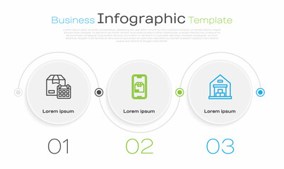 Set line Cardboard box with calendar, Mobile app delivery tracking and Warehouse. Business infographic template. Vector