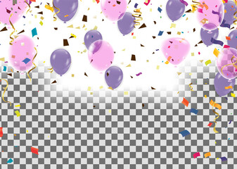 Color flying balloons isolated on Background with purple and pink balloons. Vector Design
